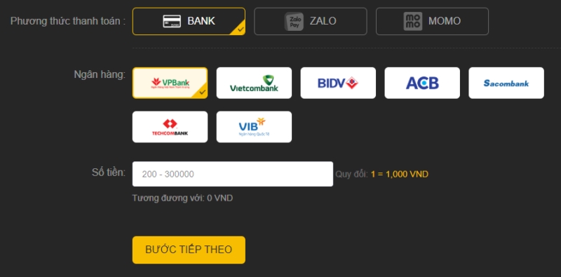 Nạp tiền bằng nhiều hình thức khả dụng khác nhau