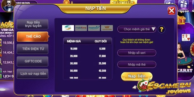 Nạp tiền vào tài khoản 68 game bài không mất phí